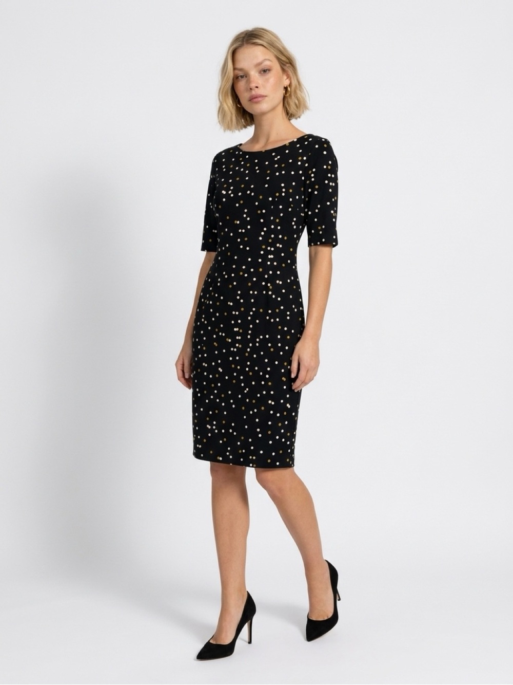 Alfani Black Midi Sheath Dress with Gold and White Dot Print